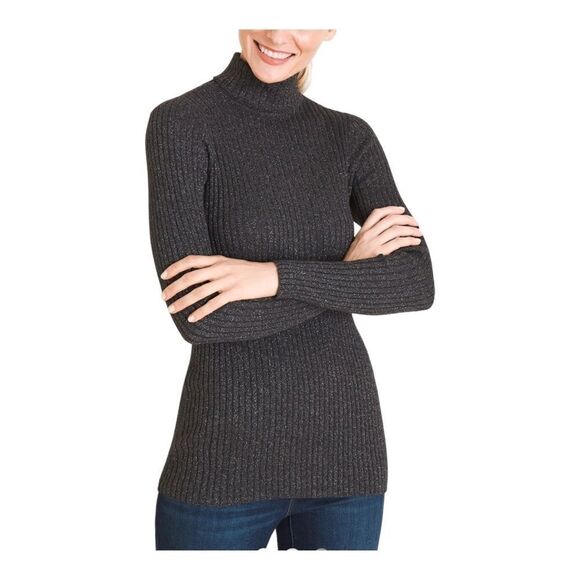 Chico’s Women’s Graphite Gray Metallic Lurex Ribbed Coolmax Turtleneck Sweater - Picture 1 of 7